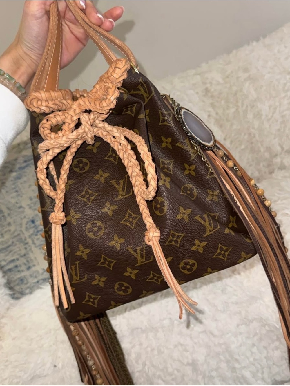 Louis Vuitton Monogram Drawstring Bucket Bag with Tan Braided Trim and Fringe - Picture 2 of 11